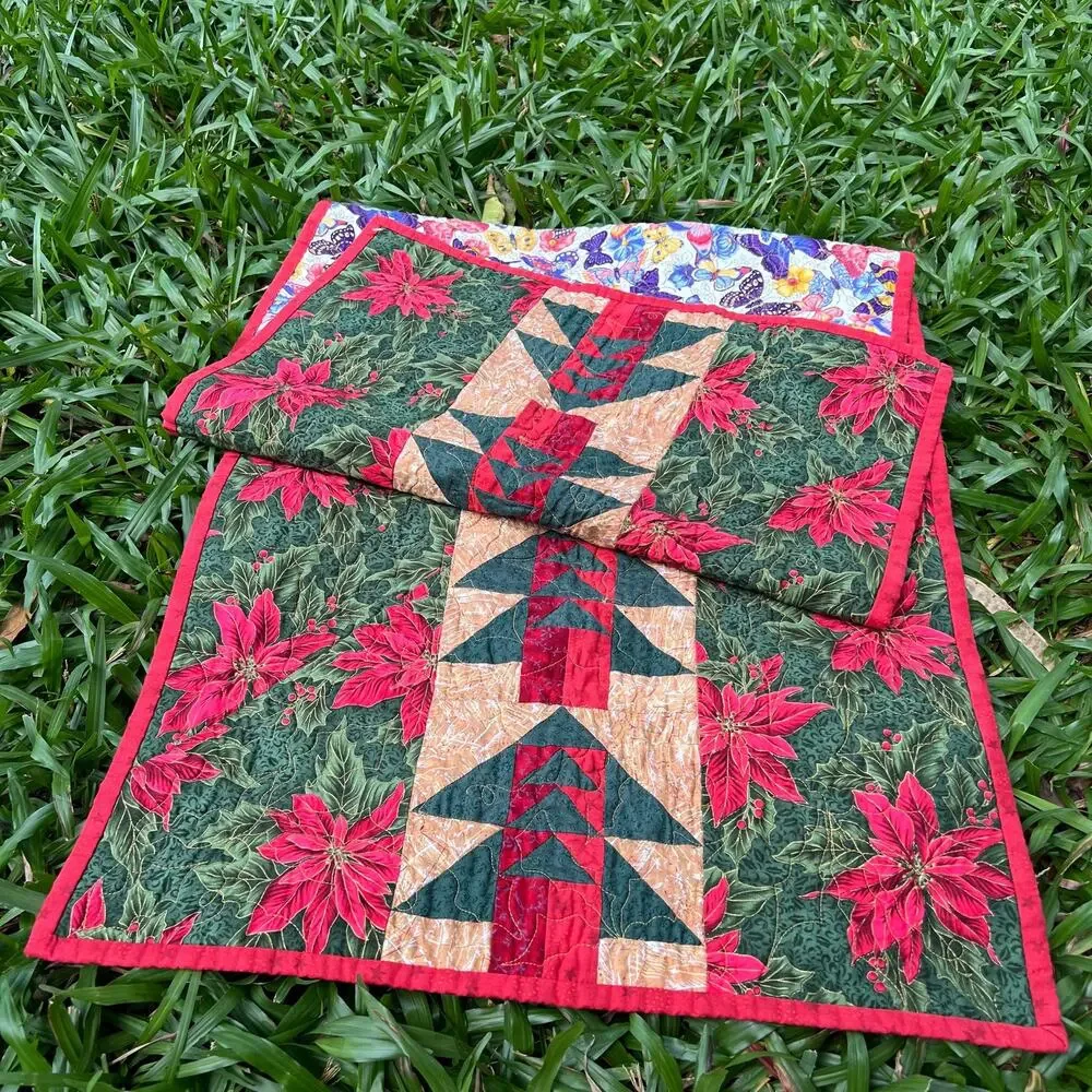 Reversible Christmas Table Runner Quilted Christmas Poinsettia Butterflies